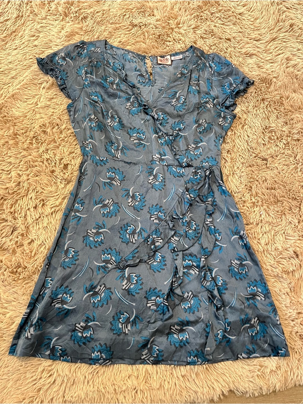 Y2K Juicy Couture Blue Floral Silk Mini Dress with Ruffle Trim 10